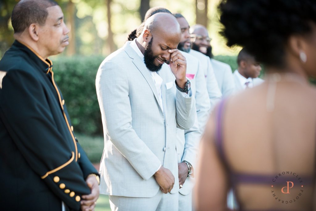 Treyburn Country Club Wedding, Elana Walker Events, Chronicles Photography, Natural Hair Bride, Raleigh NC Wedding Photographer, Durham Wedding Photographer, Wedding Photographer, Black Bride, Black Groom, Pink, Purple and Grey Wedding Theme, Groom Sees Bride, Grooms Reaction