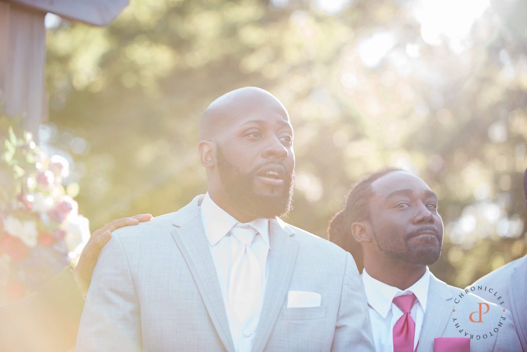 Treyburn Country Club Wedding, Elana Walker Events, Chronicles Photography, Natural Hair Bride, Raleigh NC Wedding Photographer, Durham Wedding Photographer, Wedding Photographer, Black Bride, Black Groom, Pink, Purple and Grey Wedding Theme, Groom Sees Bride, Grooms Reaction