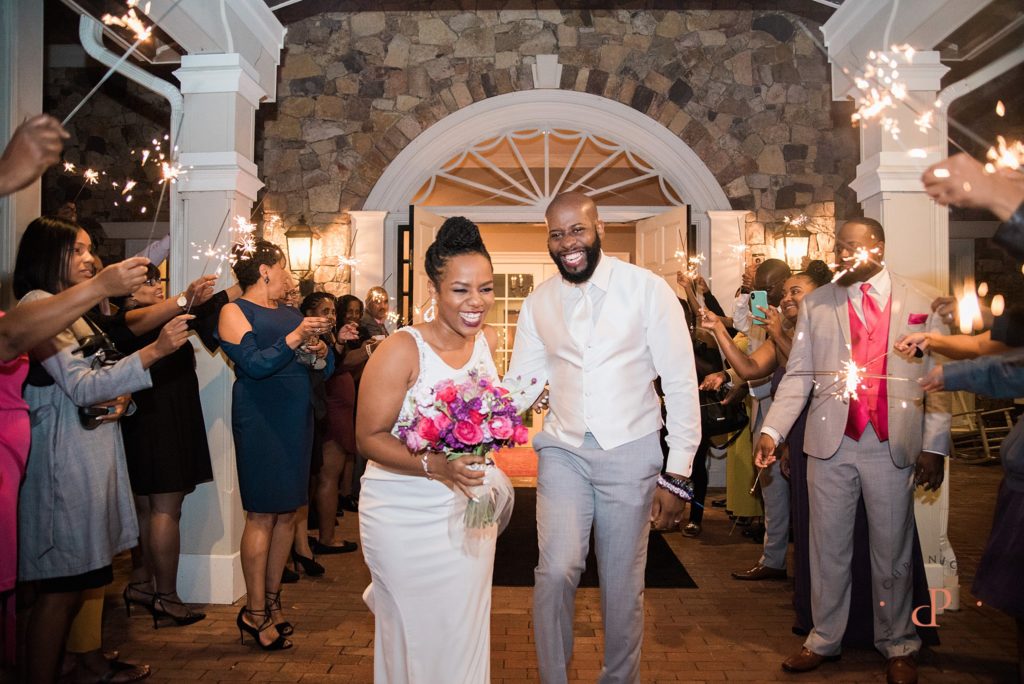 Treyburn Country Club Wedding, Elana Walker Events, Chronicles Photography, Natural Hair Bride, Raleigh NC Wedding Photographer, Durham Wedding Photographer, Wedding Photographer, Black Bride, Black Groom, Pink, Purple and Grey Wedding Theme, Bride and Groom Portrait, Sparkler Exit