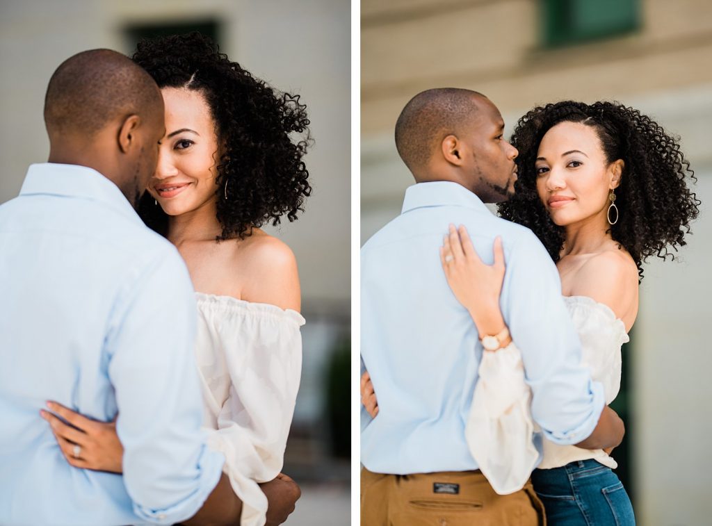 Engagement session in Asheville, NC with African American couple, Casual Engagement session looks. Natural curly hair engagement session