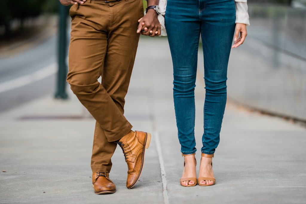 Engagement session in Asheville, NC with African American couple, Casual Engagement session looks. tan shoes for engagement session