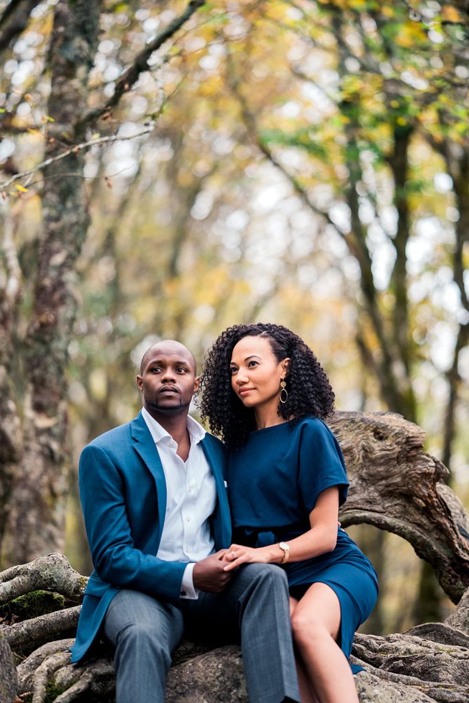 Engagement session in Asheville, NC with African American couple, Formal Engagement session looks. blue outfit for engagement session, Curly hair natural hair engagement session, The Great Craggy Mountains