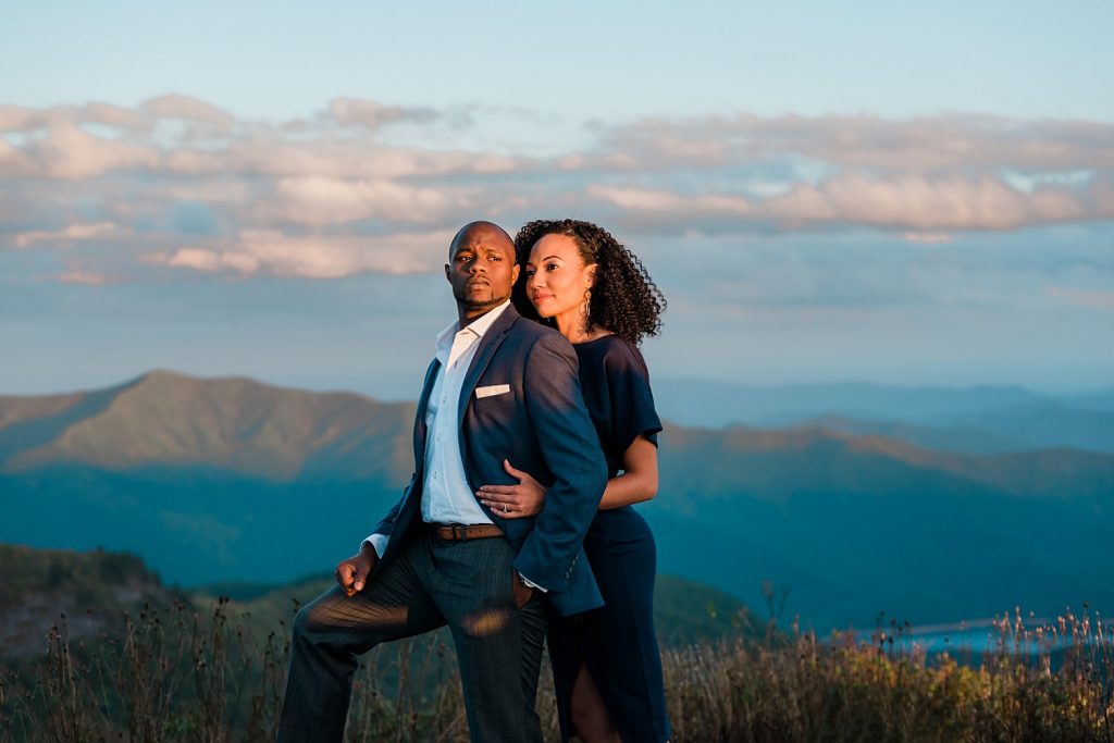 Mountain engagement session in Asheville, NC with African American couple, Formal Engagement session looks. blue outfit for engagement session, Curly hair natural hair engagement session, The Great Craggy Mountains