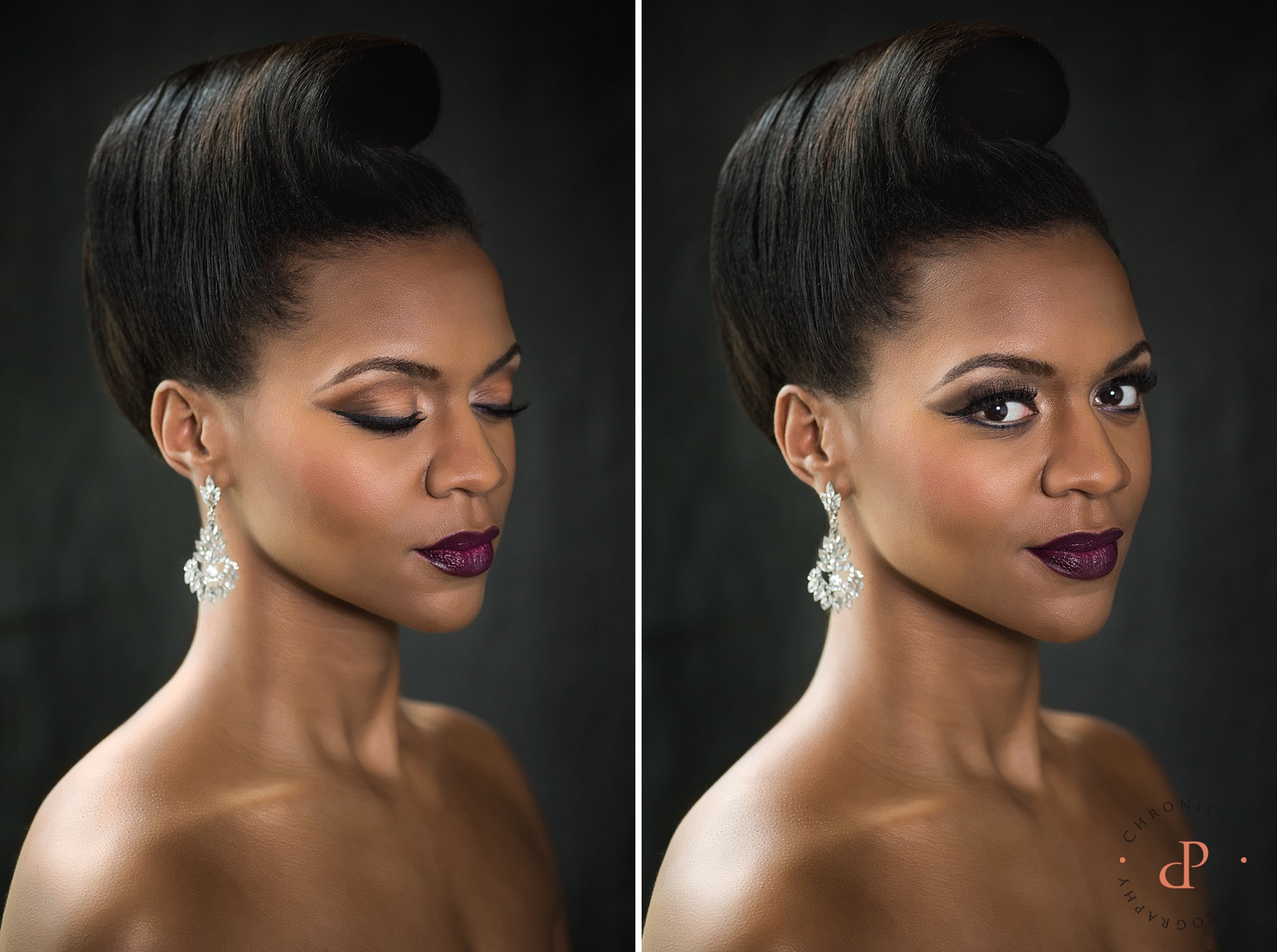 Glam Bridal Makeup Looks | Plum Lip Color | African American Woman | Wedding Updo | Smokey Eye www.chroniclesphotography.com