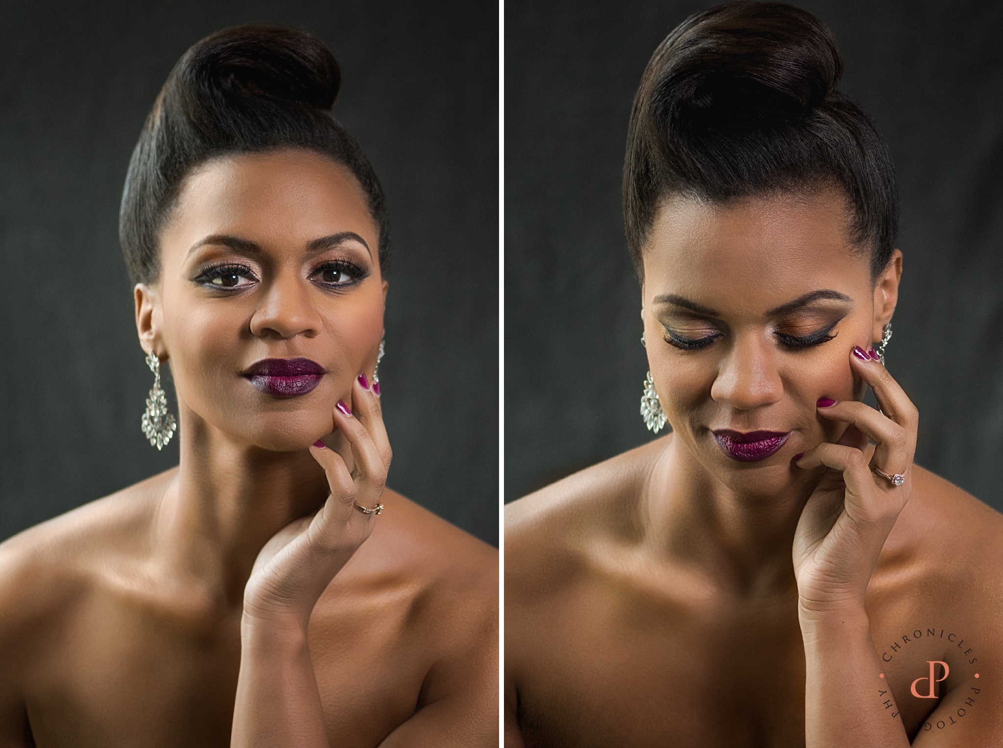 Glam Bridal Makeup Looks | Plum Lip Color | African American Woman | Wedding Updo | Smokey Eye www.chroniclesphotography.com