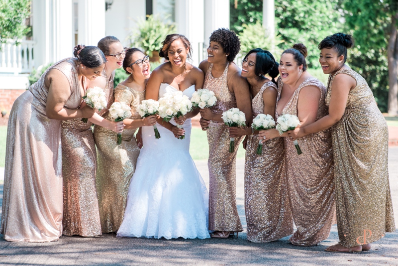 Bridal Party Laughing in Sequined Gowns| Chronicles Photography | www.chroniclesphotography.com