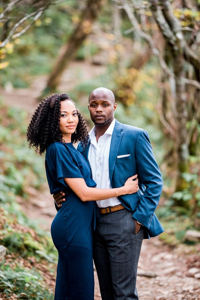 Engagement session in Asheville, NC with African American couple, Formal Engagement session looks. blue outfit for engagement session, Curly hair natural hair engagement session