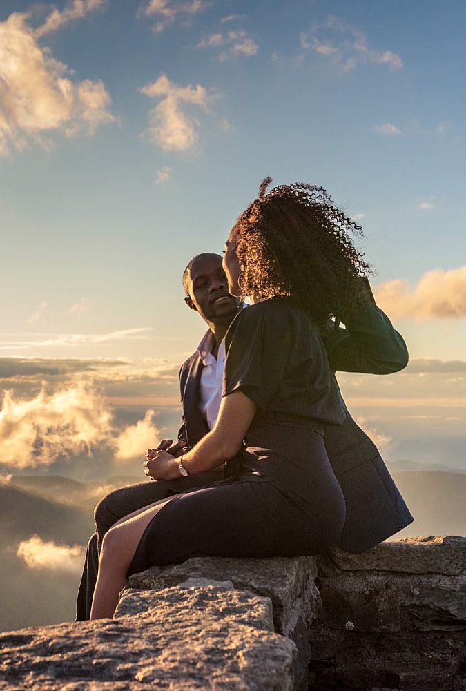 Mountain engagement session in Asheville, NC with African American couple, Formal Engagement session looks. blue outfit for engagement session, Curly hair natural hair engagement session, The Great Craggy Mountains