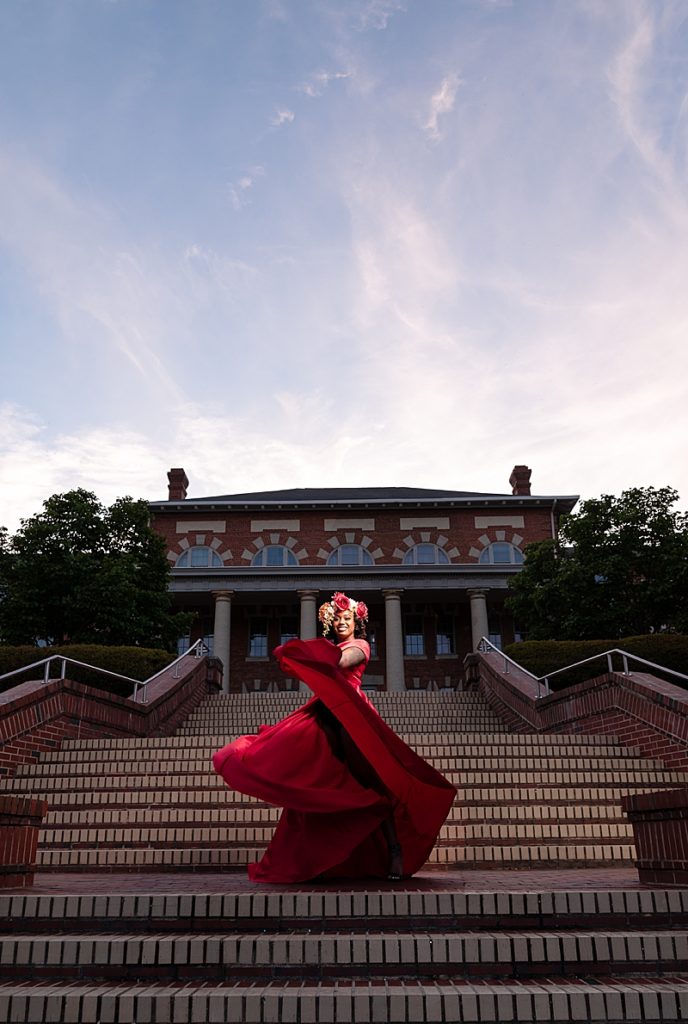 Creative graduation portrait, Long red dress, formal graduation portrait, nc graduation photographer michelle dawn photography